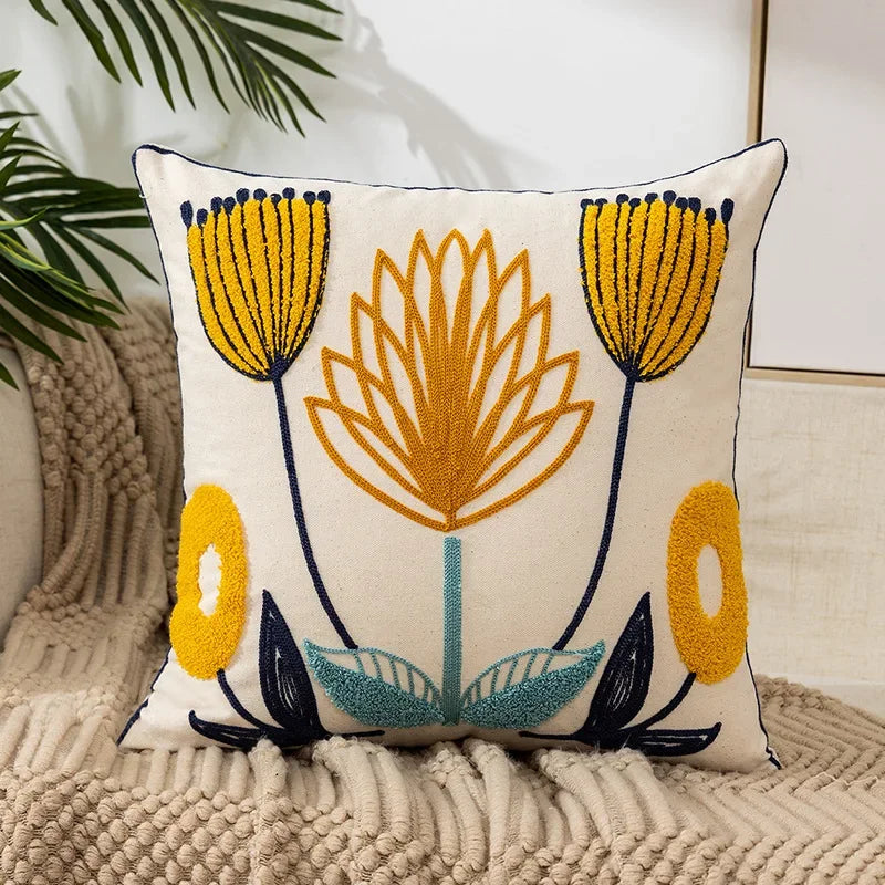 BloomLinen – Embroidered Cushion Cover of Cotton Canvas with Rustic Floral Splendor