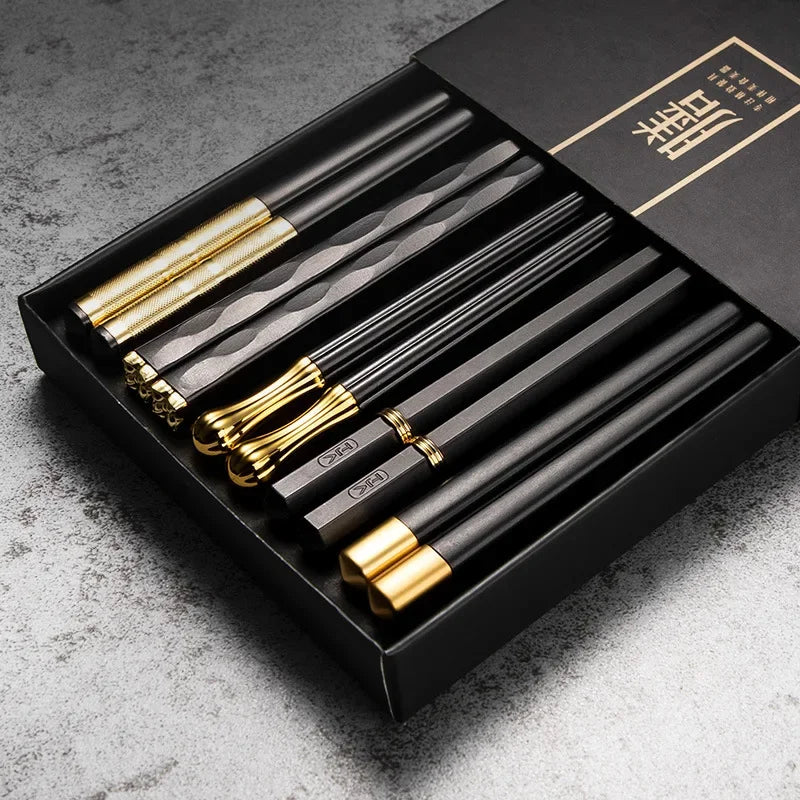 EliteStix – Luxe Set of 5 Metal Chopsticks with Modern Black & Gold Design