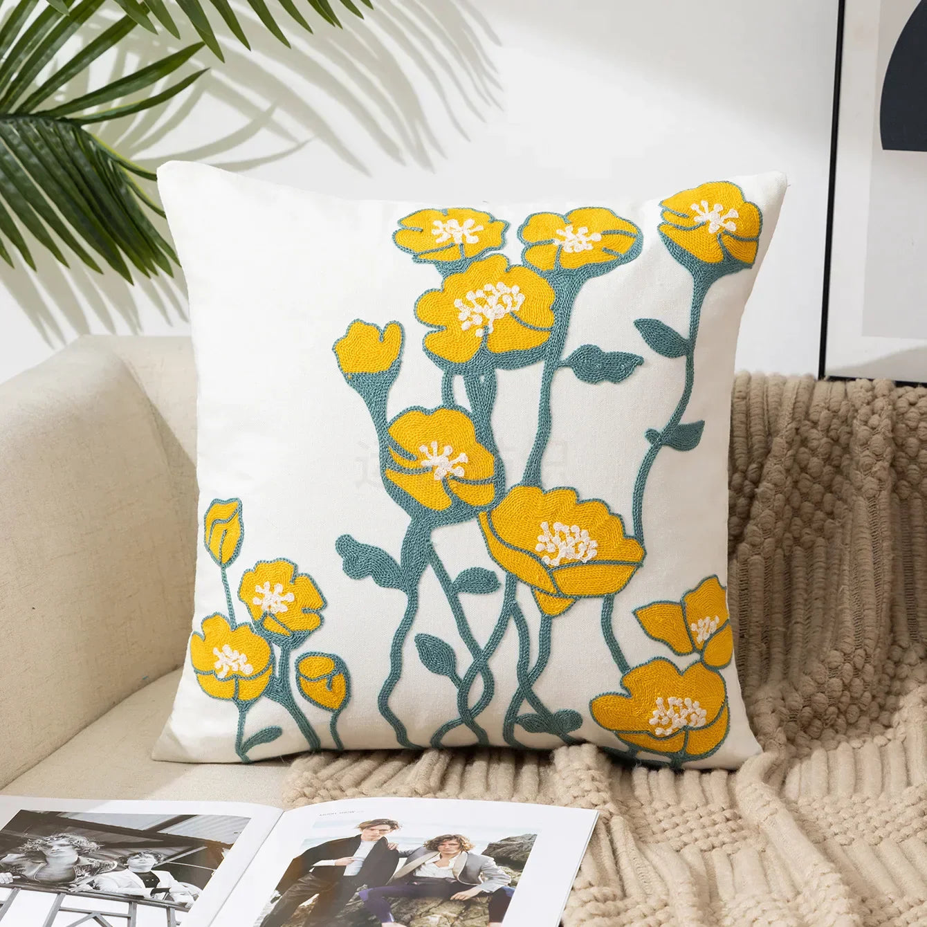 BloomLinen – Embroidered Cushion Cover of Cotton Canvas with Rustic Floral Splendor