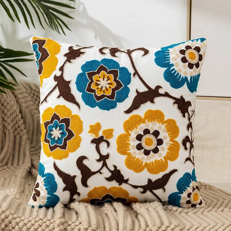 BloomLinen – Embroidered Cushion Cover of Cotton Canvas with Rustic Floral Splendor