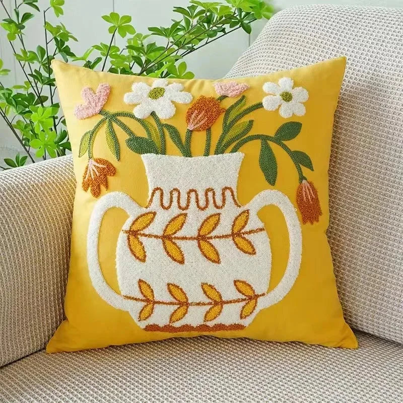 BloomLinen – Embroidered Cushion Cover of Cotton Canvas with Rustic Floral Splendor