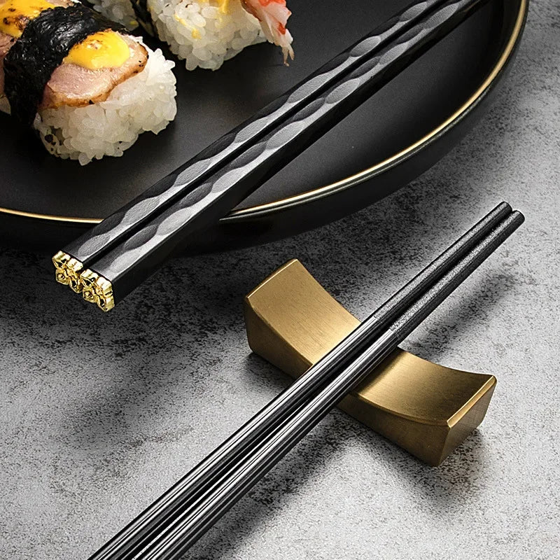 EliteStix – Luxe Set of 5 Metal Chopsticks with Modern Black & Gold Design
