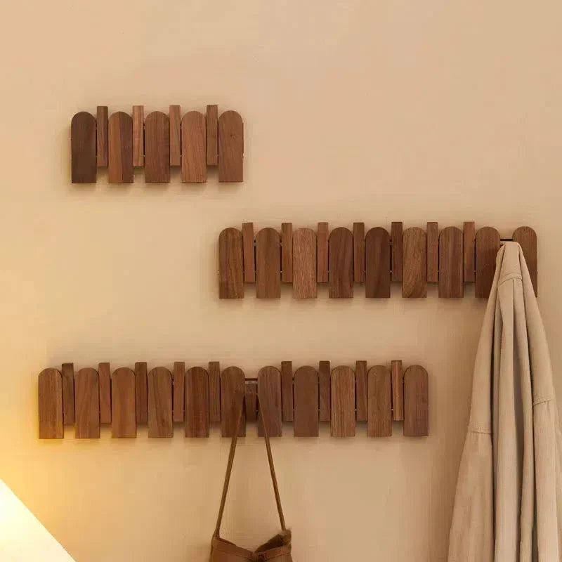 PicketWood – Walnut Wooden Wall Coat Rack with Foldable Hooks