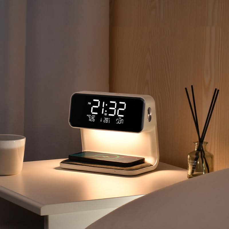 Veilleuse avec Réveil LCD et Chargeur Sans Fil 3-en-1 à Commande Tactile