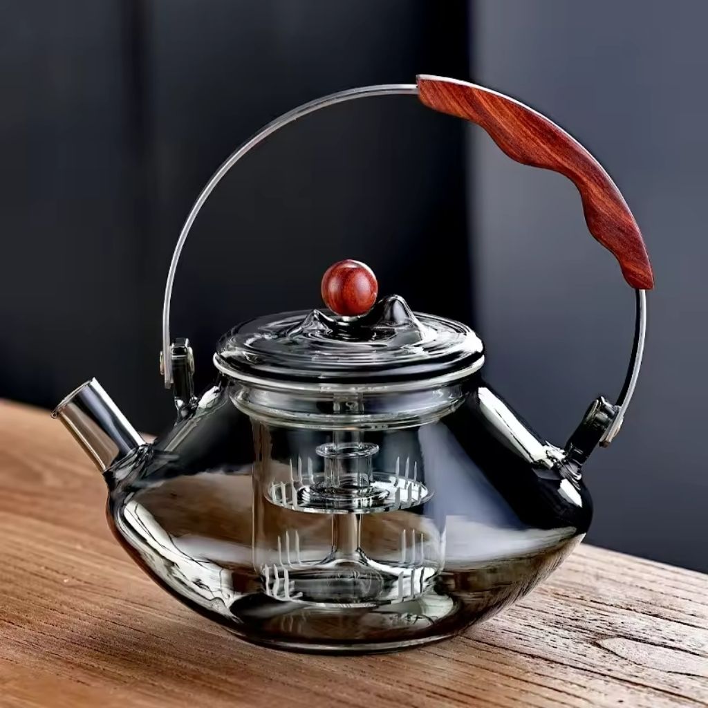 LumiBrew Elegant Glass Teapot – with Wooden Accent and Timeless Design for Stylish Tea Moments