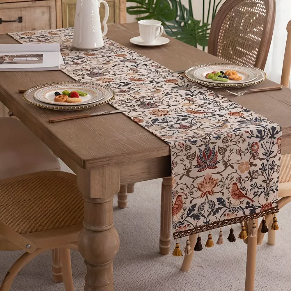 Chemin de table jacquard vintage avec motif floral et oiseaux et franges pour table à manger