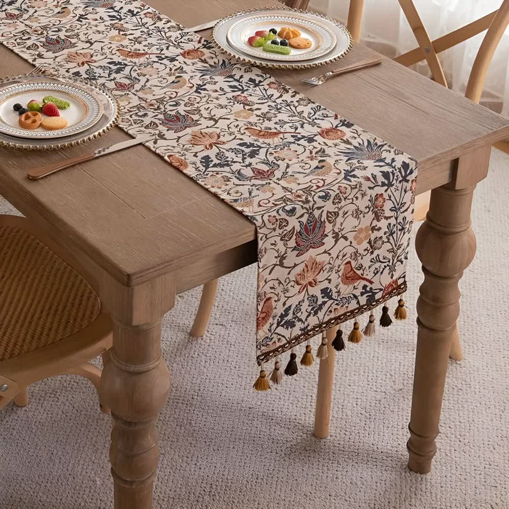 Chemin de table jacquard vintage avec motif floral et oiseaux et franges pour table à manger