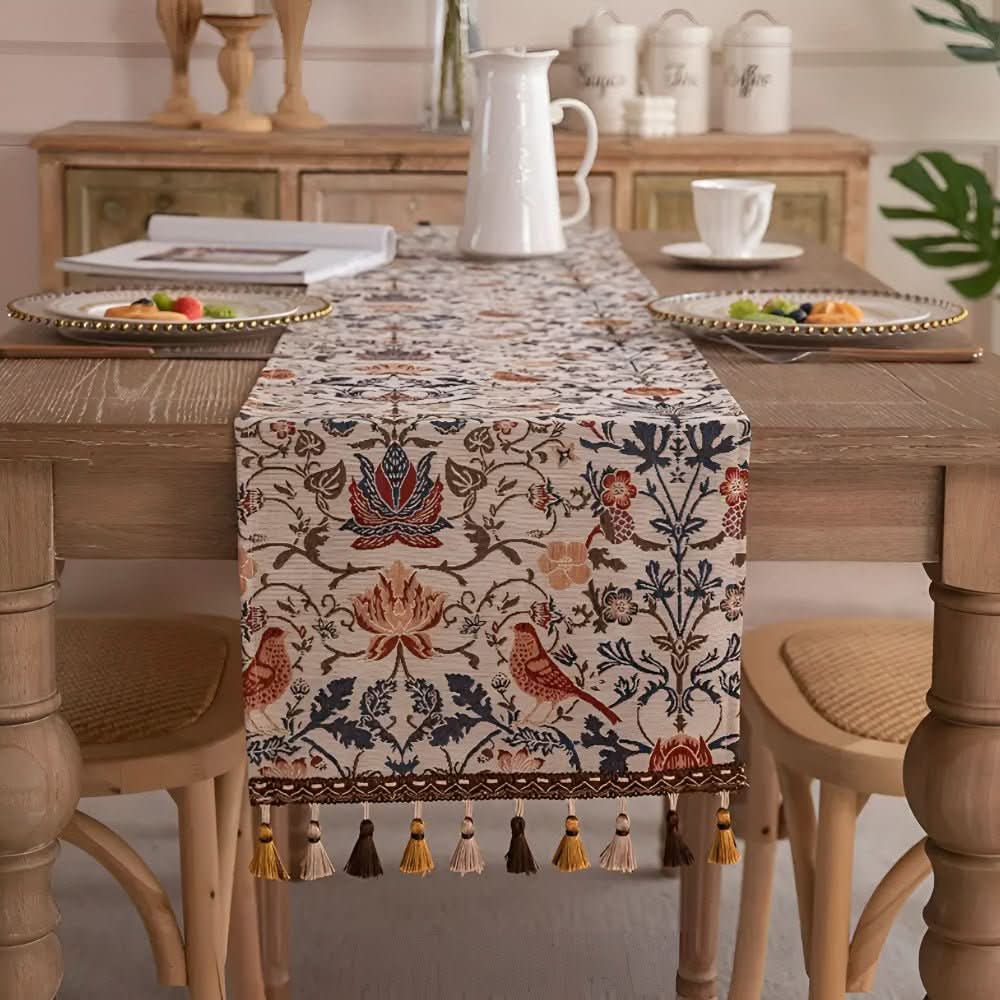 Chemin de table jacquard vintage avec motif floral et oiseaux et franges pour table à manger