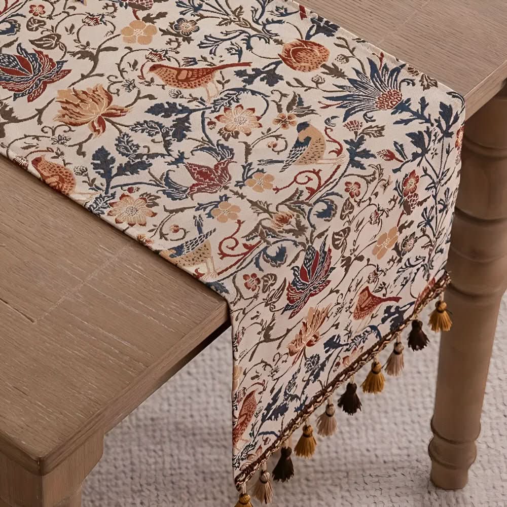 Chemin de table jacquard vintage avec motif floral et oiseaux et franges pour table à manger
