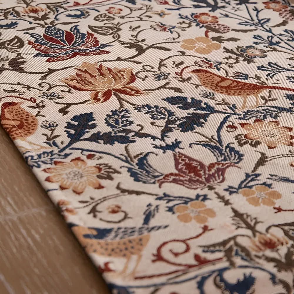Chemin de table jacquard vintage avec motif floral et oiseaux et franges pour table à manger