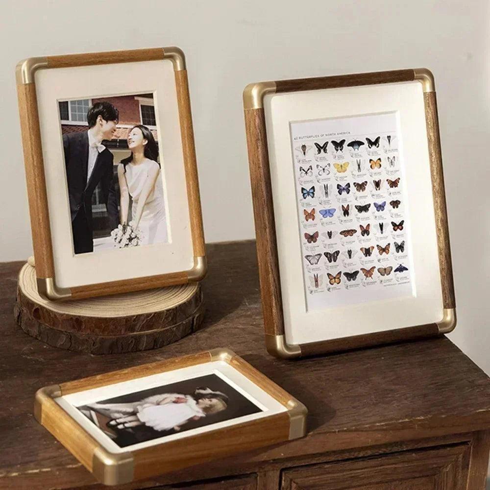 Solid Wood Photo Frame with Golden Corner Fittings and Mat