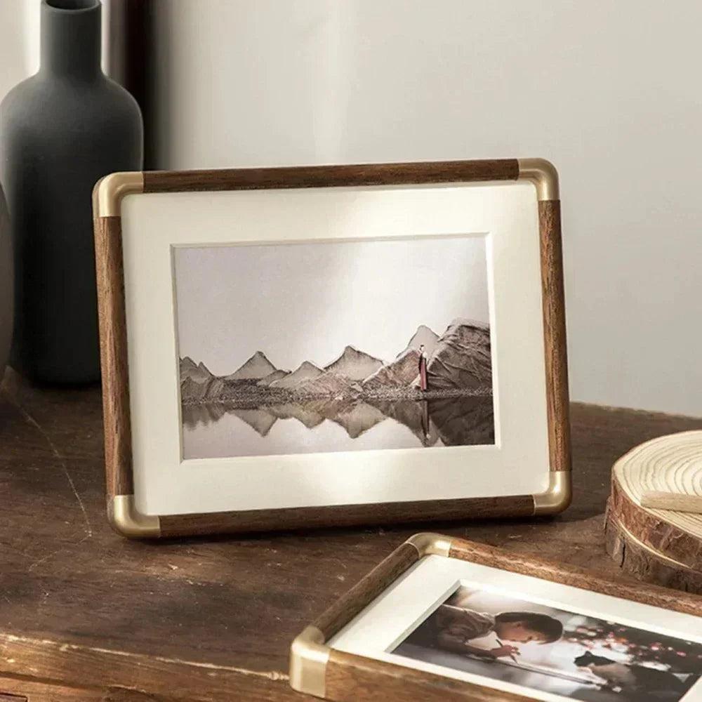 Solid Wood Photo Frame with Golden Corner Fittings and Mat