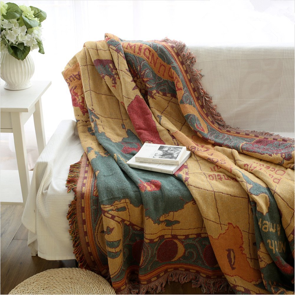 AtlasDream Luxe Cotton Throw – Vintage World Map for a Stylish Interior