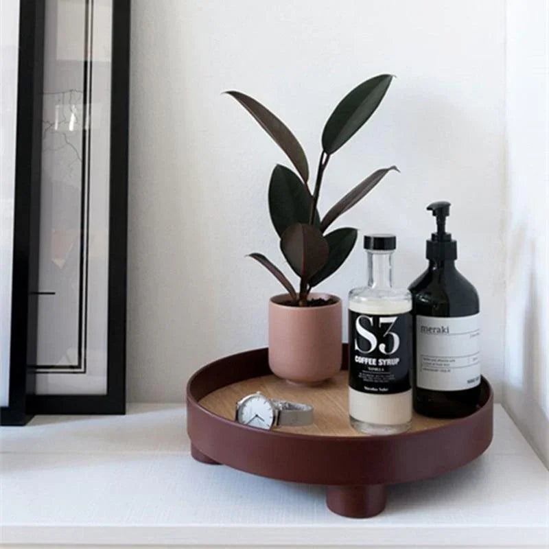 Plateau Rond en Bois avec Incrustation de Chêne et Bord Noir Relevé pour Table Basse