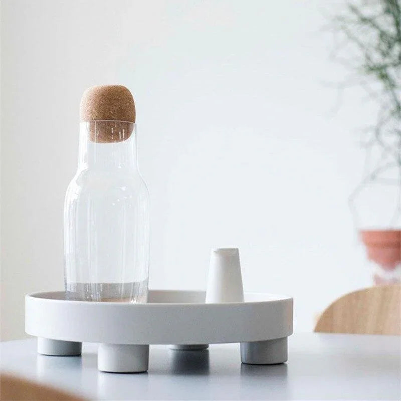 Plateau Rond en Bois avec Incrustation de Chêne et Bord Noir Relevé pour Table Basse