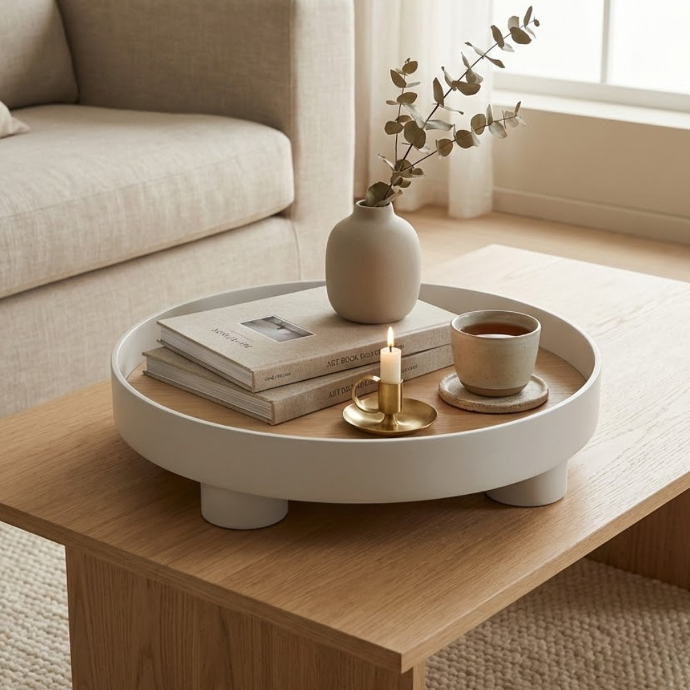 Plateau Rond en Bois avec Incrustation de Chêne et Bord Noir Relevé pour Table Basse