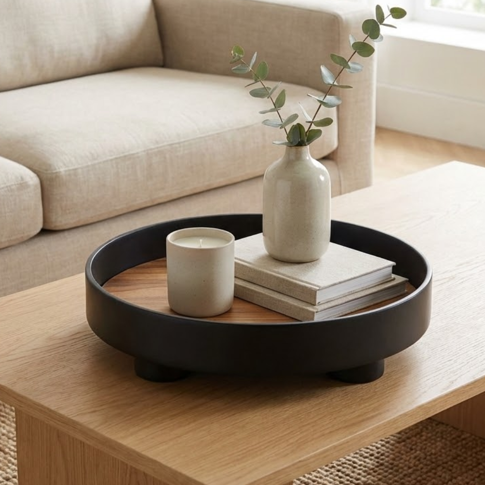 Plateau Rond en Bois avec Incrustation de Chêne et Bord Noir Relevé pour Table Basse
