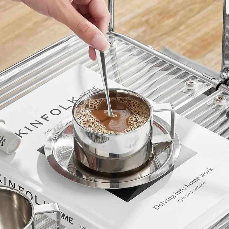 Set de Tasses à Café en Acier Inoxydable avec Soucoupe et Cuillère Double Paroi