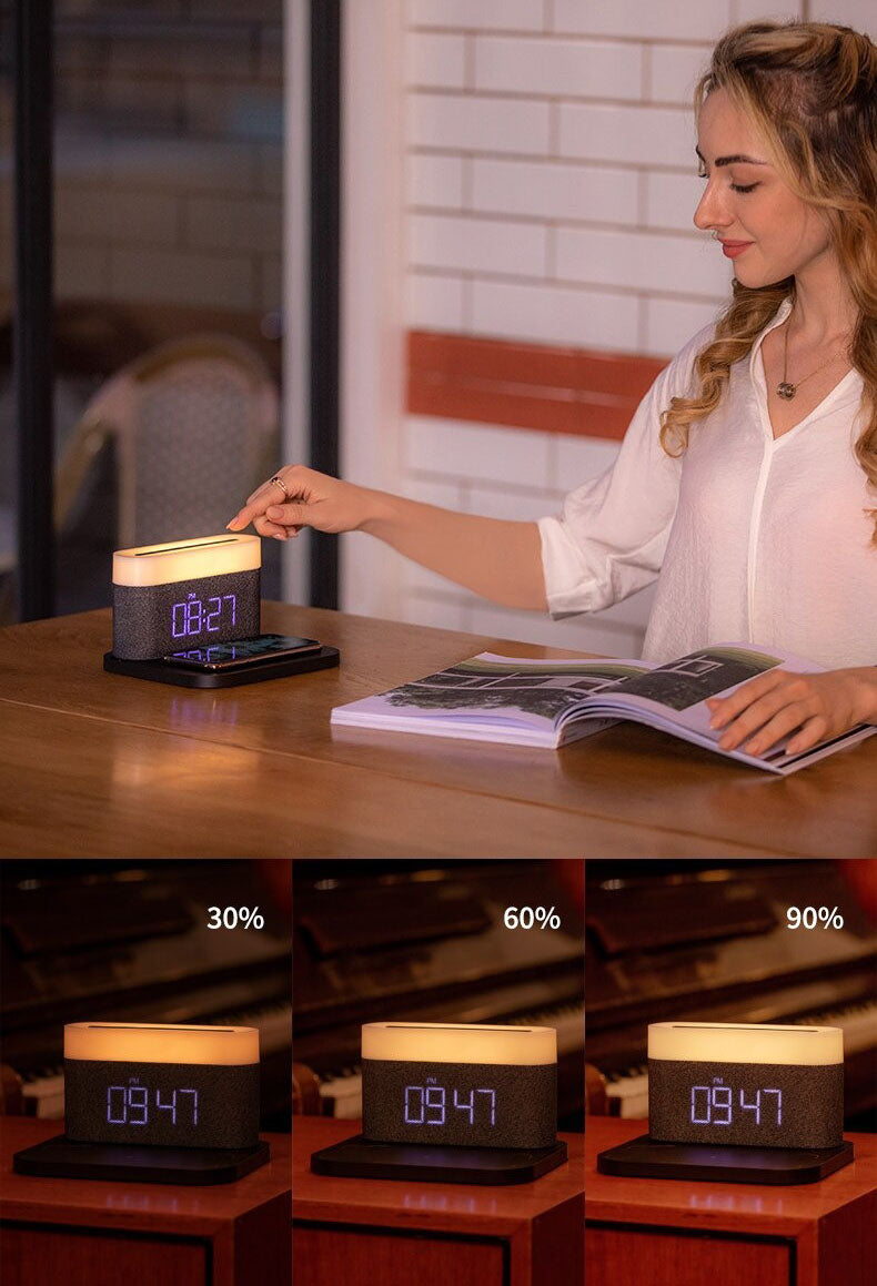 TriGlow – Multifunctional Wireless Charger with Alarm Clock and LED Table Lamp for Modern Efficiency