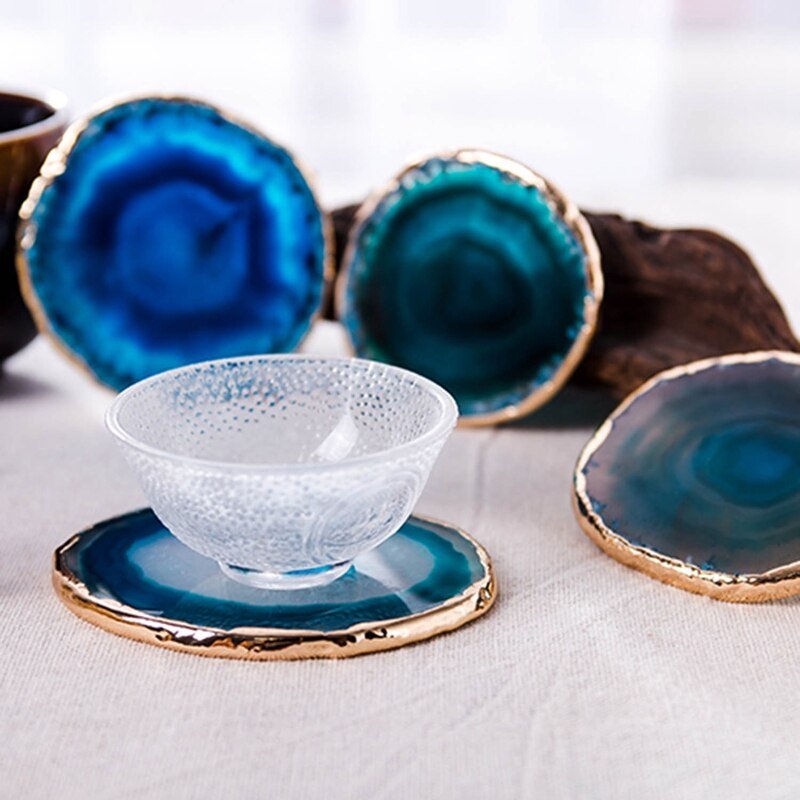 AgateLux – Luxury Blue Agate Coaster Set with Gold Accents