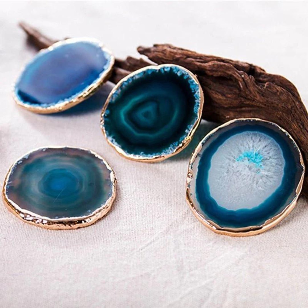 AgateLux – Luxury Blue Agate Coaster Set with Gold Accents