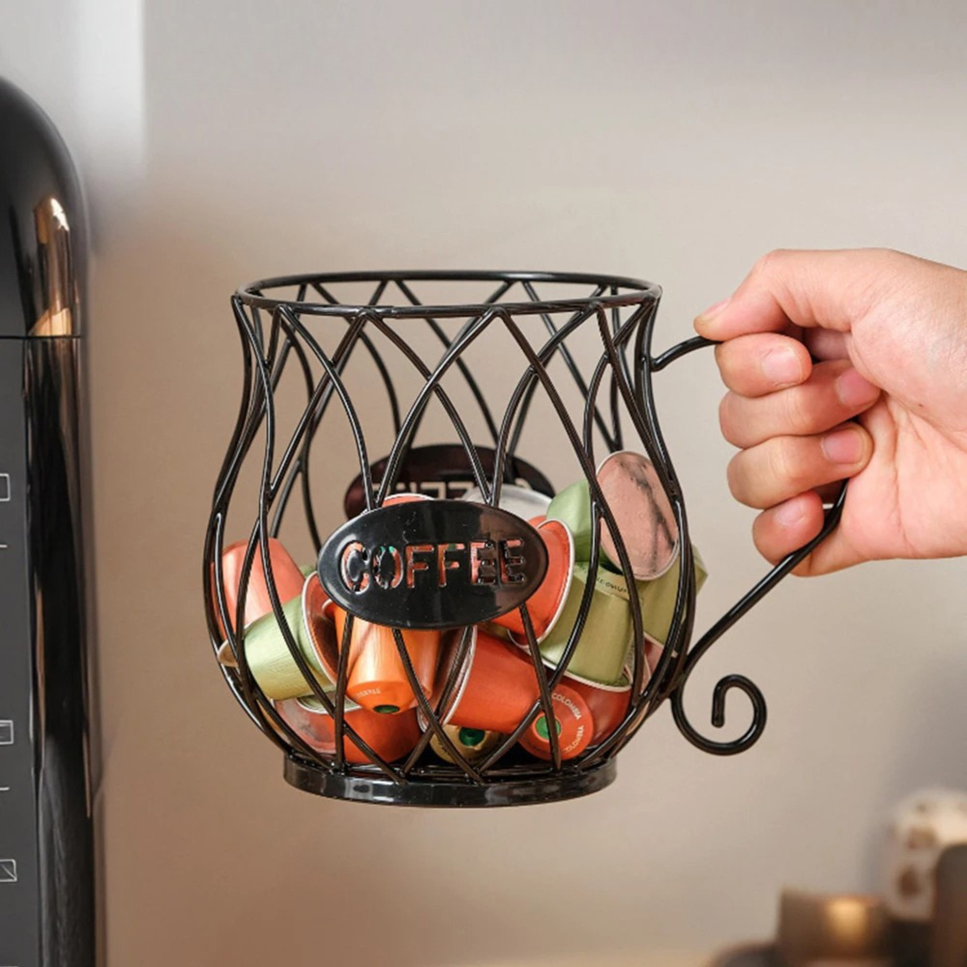 Porte-capsules de café en fonte en forme de tasse avec poignée pour plan de travail