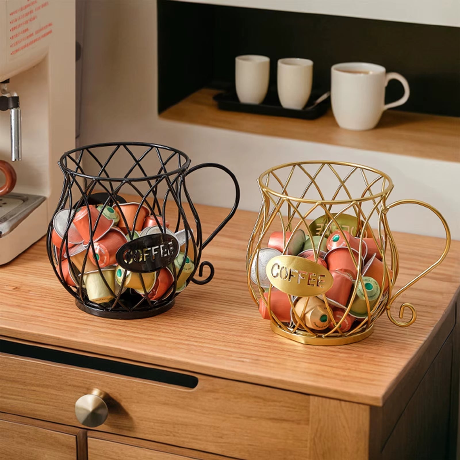 Porte-capsules de café en fonte en forme de tasse avec poignée pour plan de travail