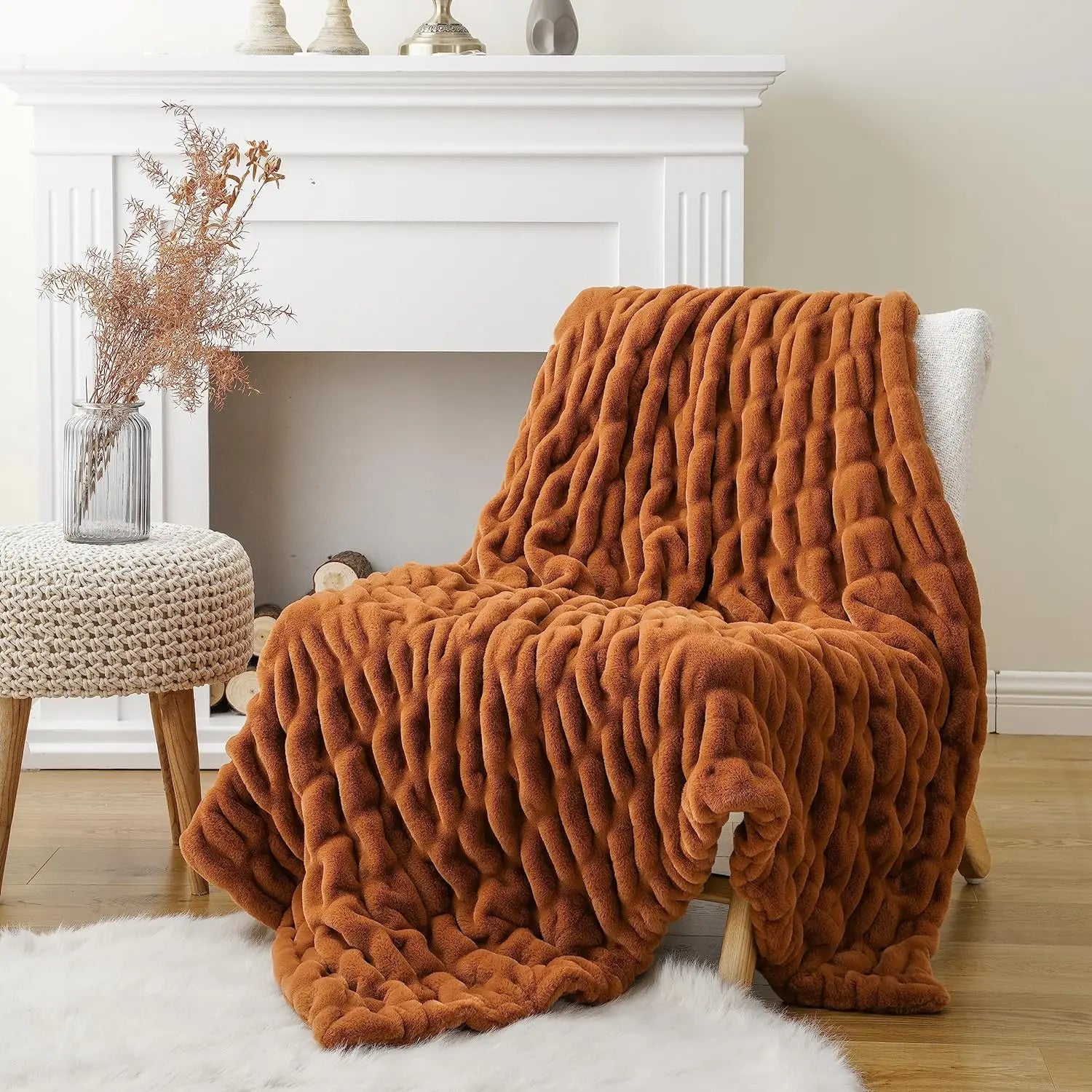 Plaid en fausse fourrure pelucheux avec design 3D côtelé réversible pour canapé