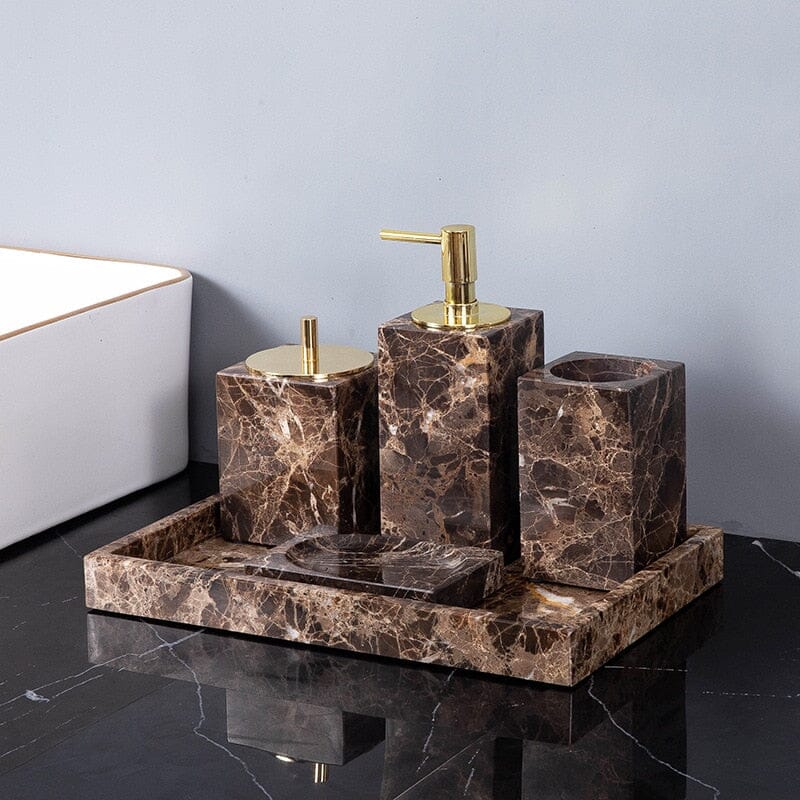 Ensemble de Salle de Bain en Marbre Emperador Dark – Distributeur de Savon, Plateau, Boîte à Mouchoirs, Porte-Brosse à Dents