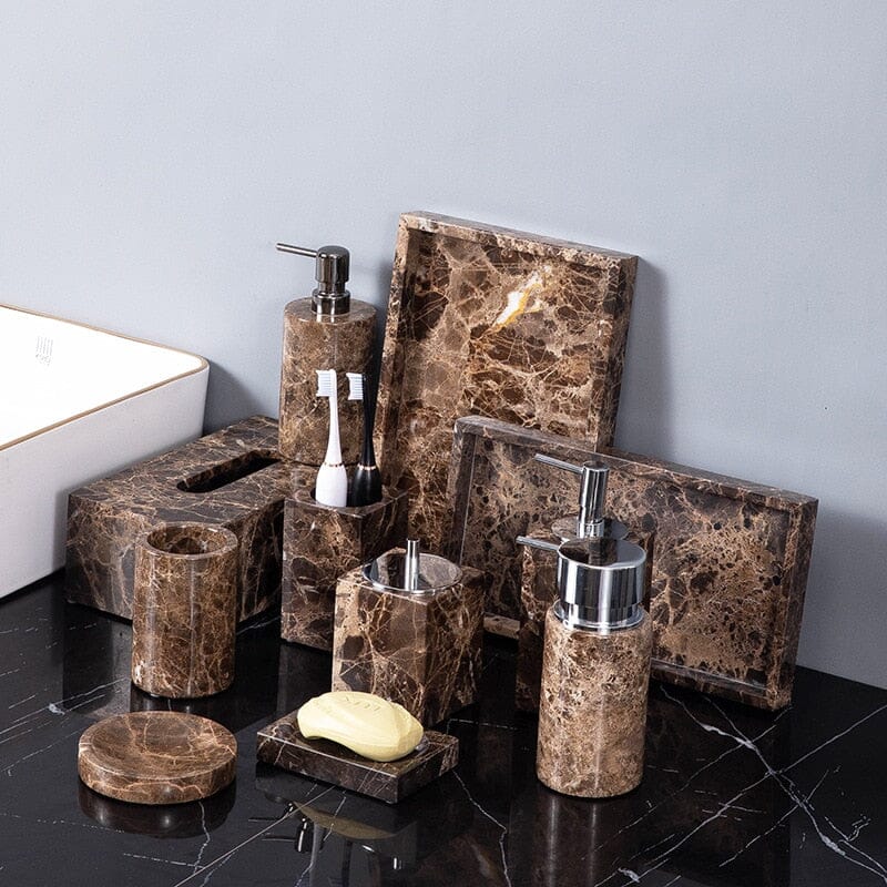 Ensemble de Salle de Bain en Marbre Emperador Dark – Distributeur de Savon, Plateau, Boîte à Mouchoirs, Porte-Brosse à Dents