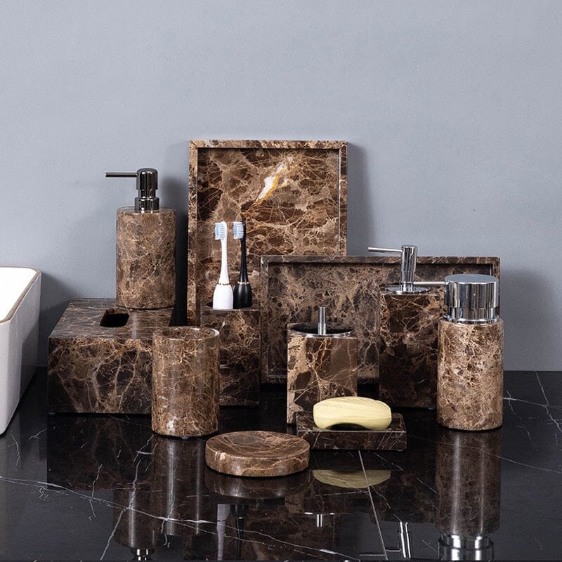 Ensemble de Salle de Bain en Marbre Emperador Dark – Distributeur de Savon, Plateau, Boîte à Mouchoirs, Porte-Brosse à Dents