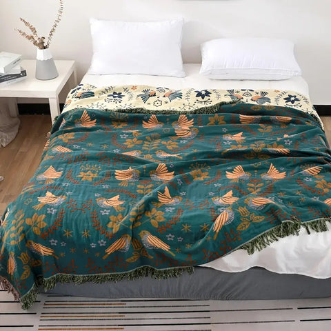 Serenelle – Elegant Cotton Throw with Flying Birds and Floral Details