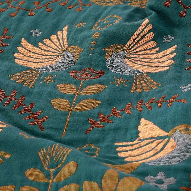 Serenelle – Elegant Cotton Throw with Flying Birds and Floral Details