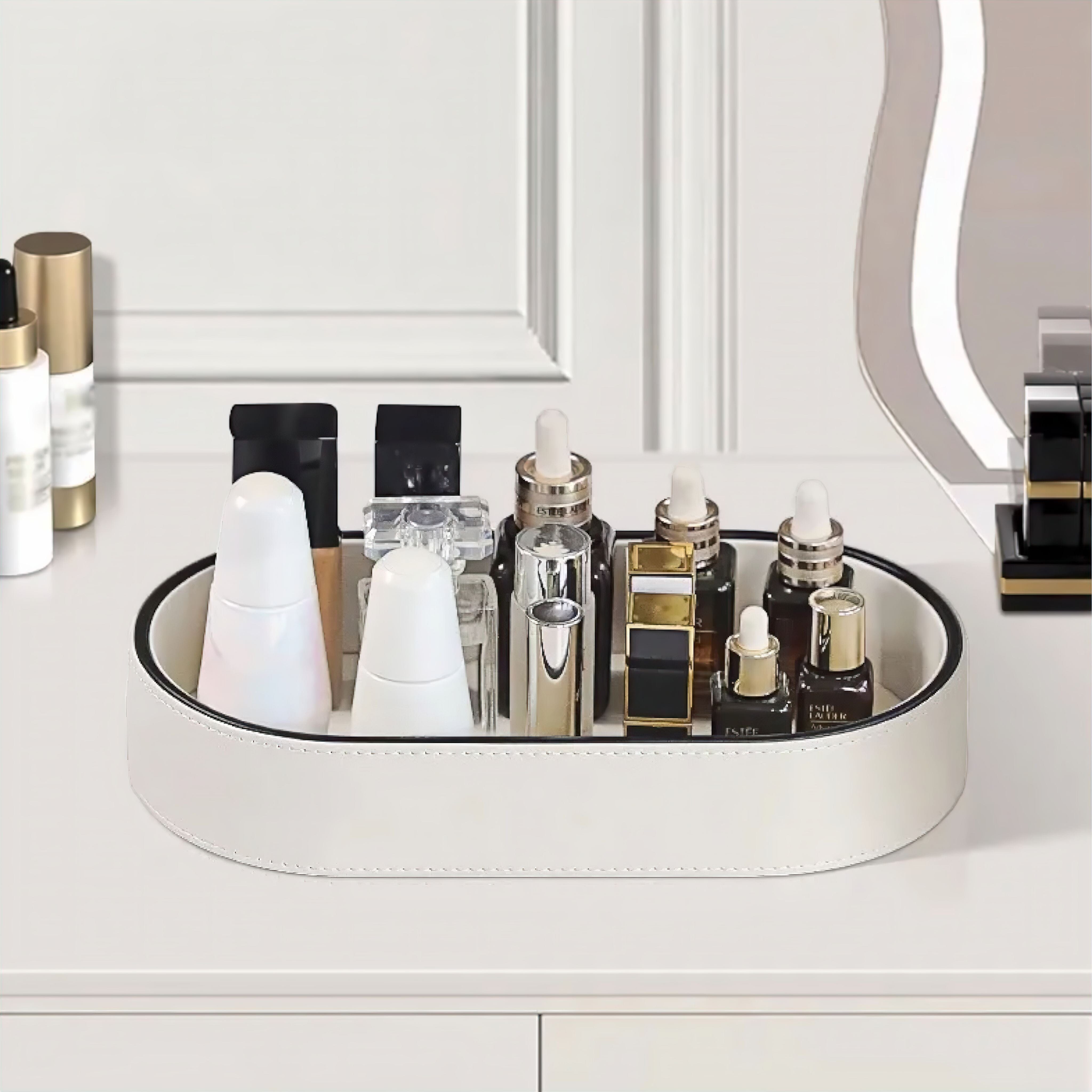 Plateau organisateur ovale en cuir PU avec bord noir pour bureau et table de chevet