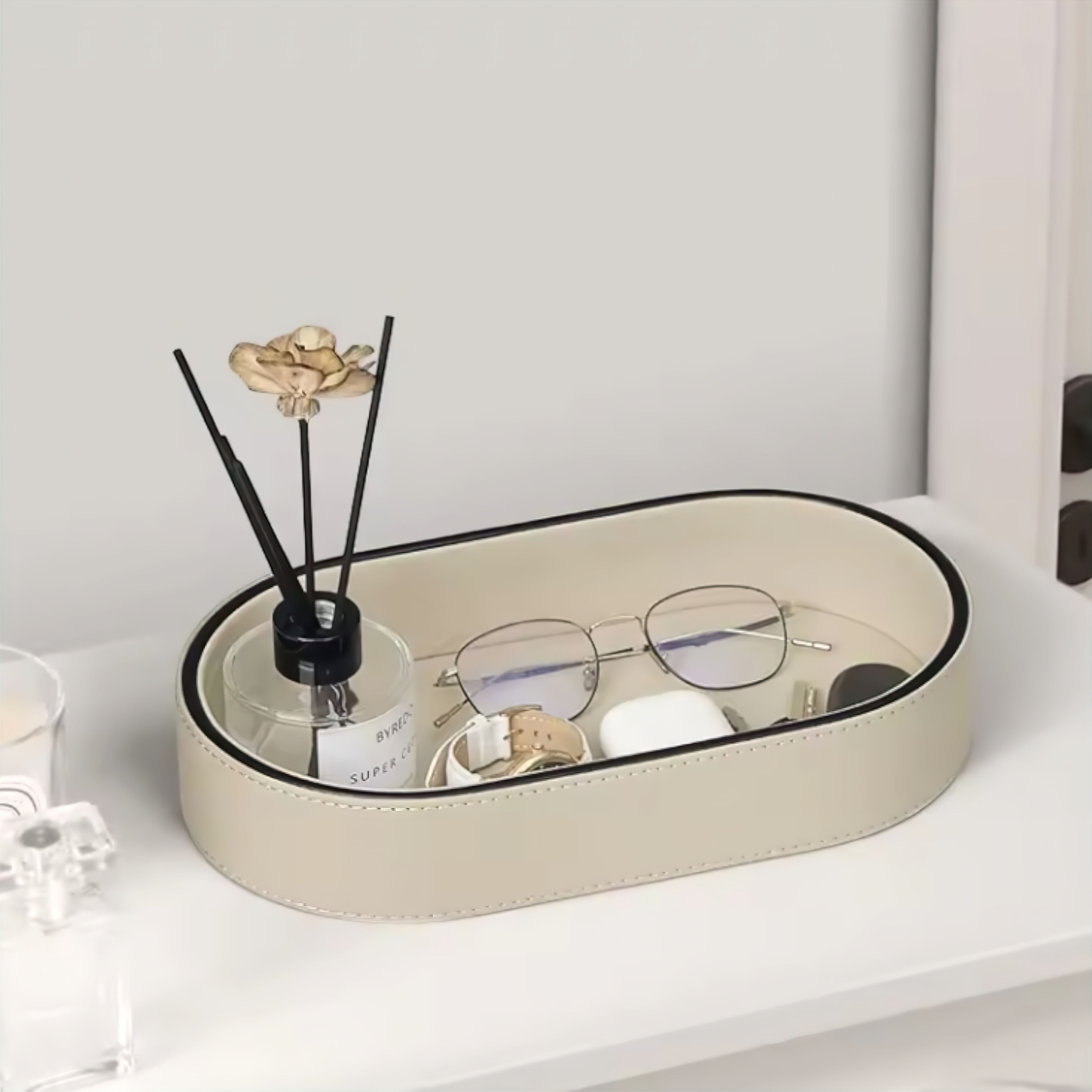 Plateau organisateur ovale en cuir PU avec bord noir pour bureau et table de chevet