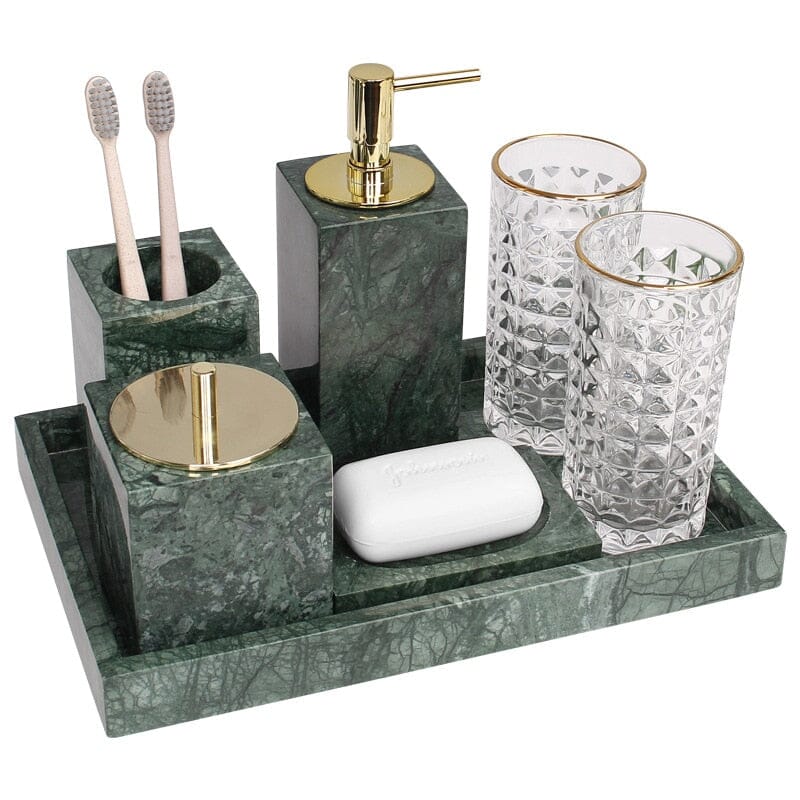Ensemble de salle de bain vert marbre – distributeur de savon doré, gobelet à brosses à dents et plateau – aspect pierre naturelle