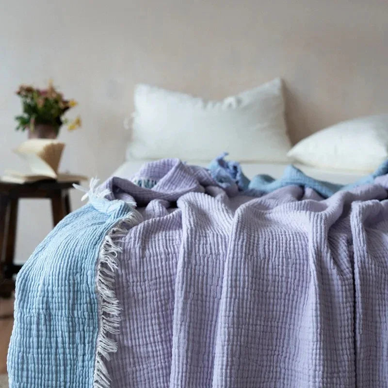 Plaid en Coton Gaufré avec Franges pour Canapé et Lit en Plusieurs Teintes