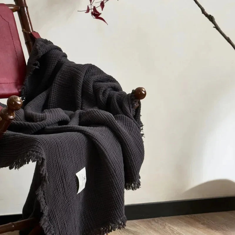 Plaid en Coton Gaufré avec Franges pour Canapé et Lit en Plusieurs Teintes