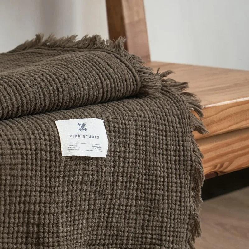 Plaid en Coton Gaufré avec Franges pour Canapé et Lit en Plusieurs Teintes