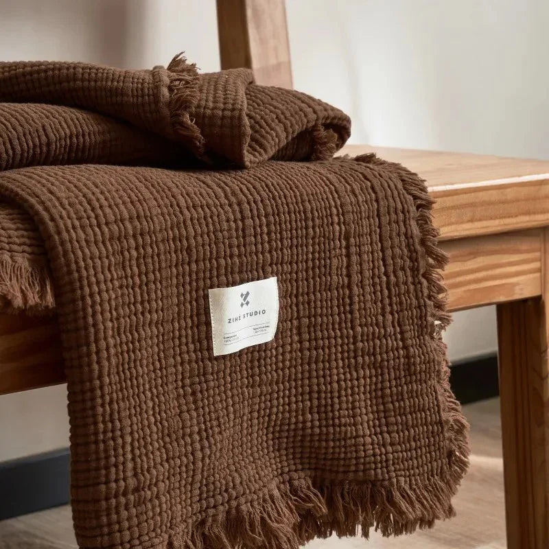 Plaid en Coton Gaufré avec Franges pour Canapé et Lit en Plusieurs Teintes