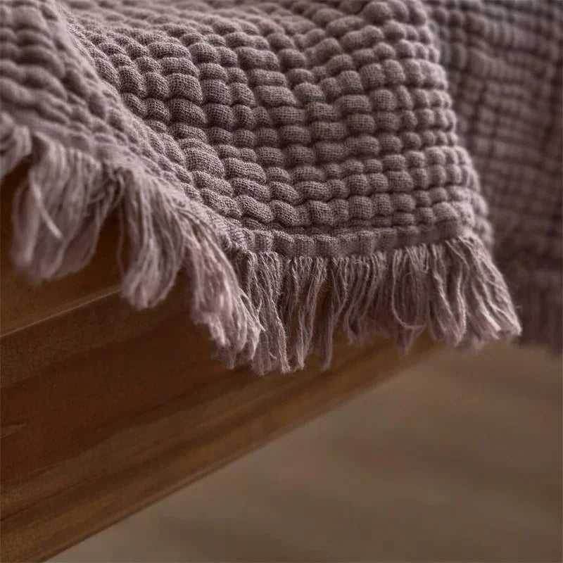 Plaid en Coton Gaufré avec Franges pour Canapé et Lit en Plusieurs Teintes