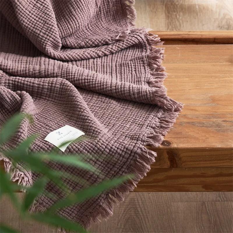 Plaid en Coton Gaufré avec Franges pour Canapé et Lit en Plusieurs Teintes