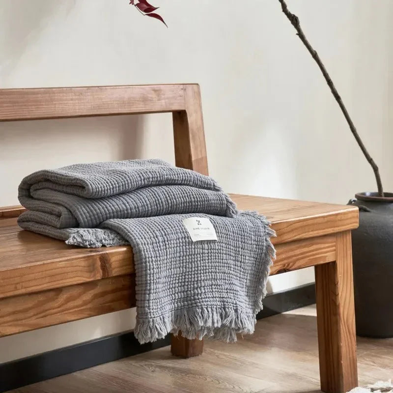 Plaid en Coton Gaufré avec Franges pour Canapé et Lit en Plusieurs Teintes