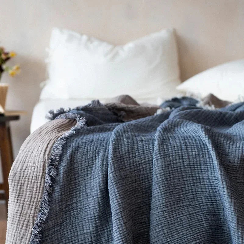 Plaid en Coton Gaufré avec Franges pour Canapé et Lit en Plusieurs Teintes