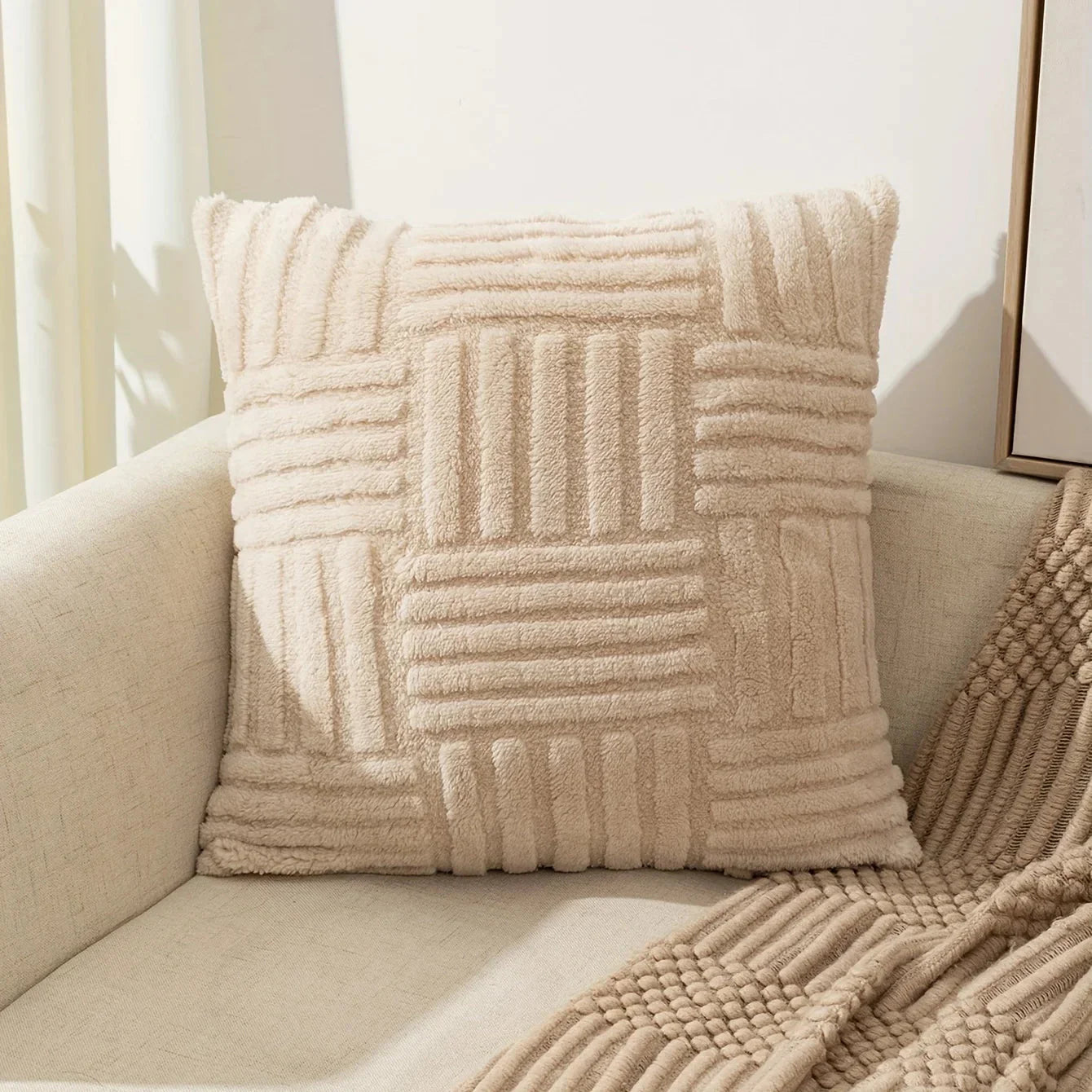 Housse de coussin en peluche avec motif géométrique tressé pour canapé et lit