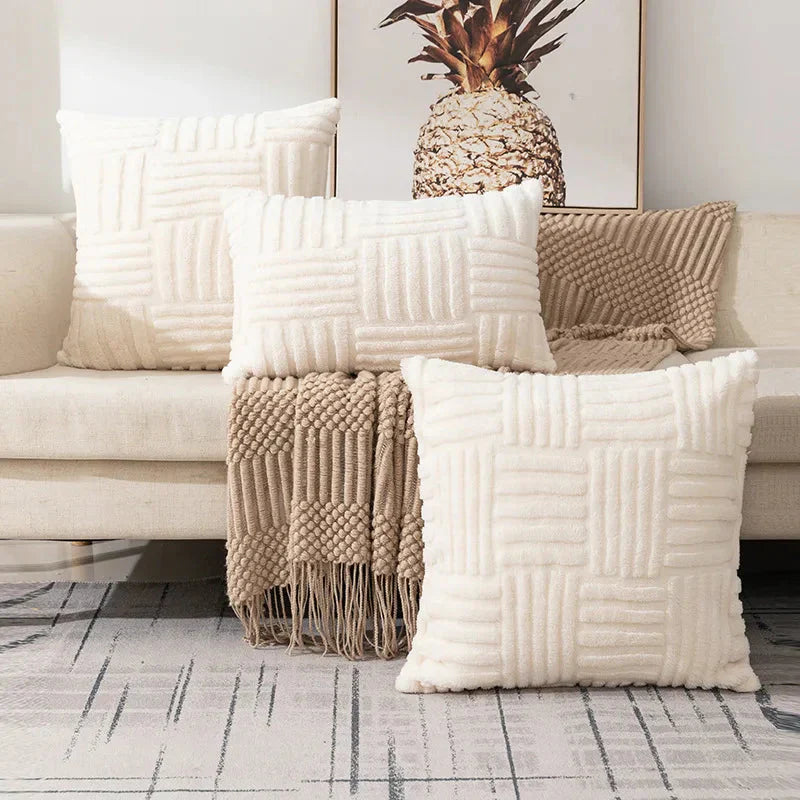 Housse de coussin en peluche avec motif géométrique tressé pour canapé et lit