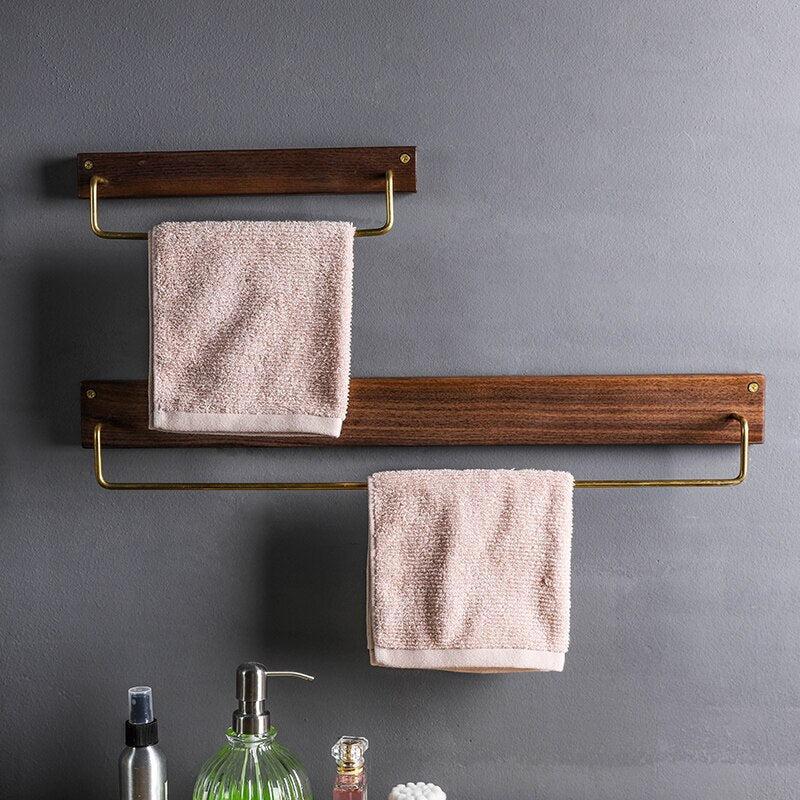 WoodCraft – Elegant Beech Wood Towel Rack with Brass Accents