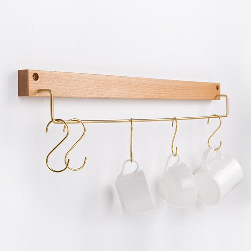 WoodCraft – Elegant Beech Wood Towel Rack with Brass Accents