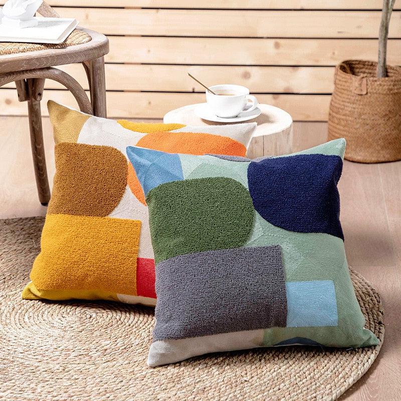 SunnyVibe – Geometrische Flocked Kussenhoezen met Stralende Kleuren en Jacquard Weefpatroon