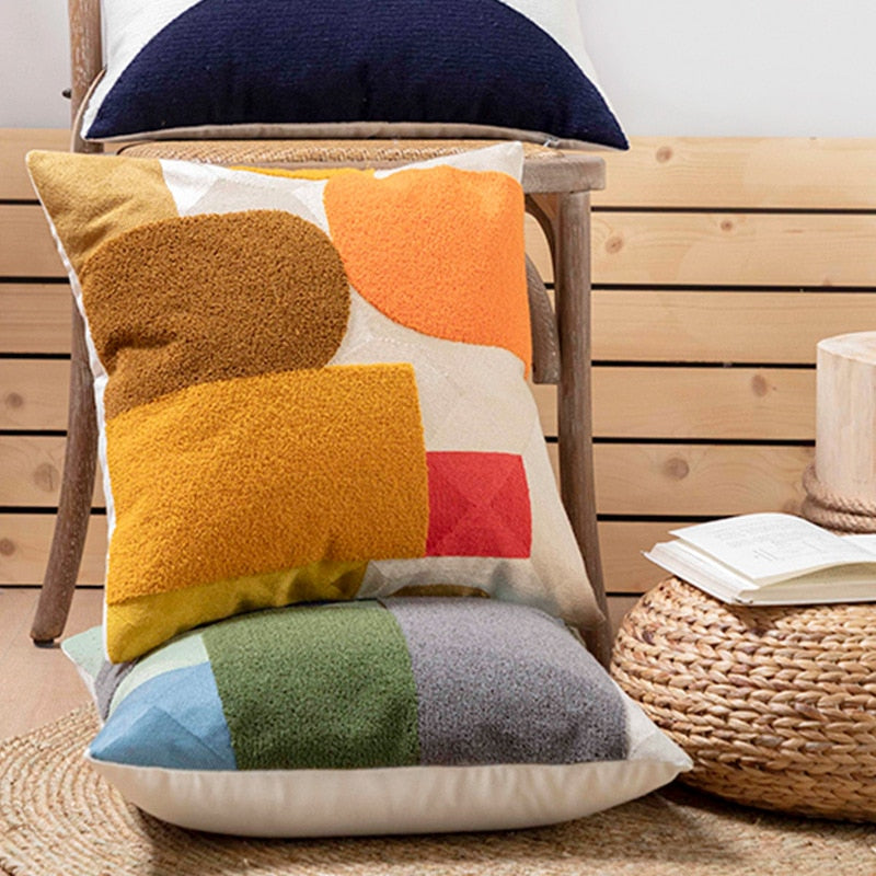 SunnyVibe – Geometrische Flocked Kussenhoezen met Stralende Kleuren en Jacquard Weefpatroon